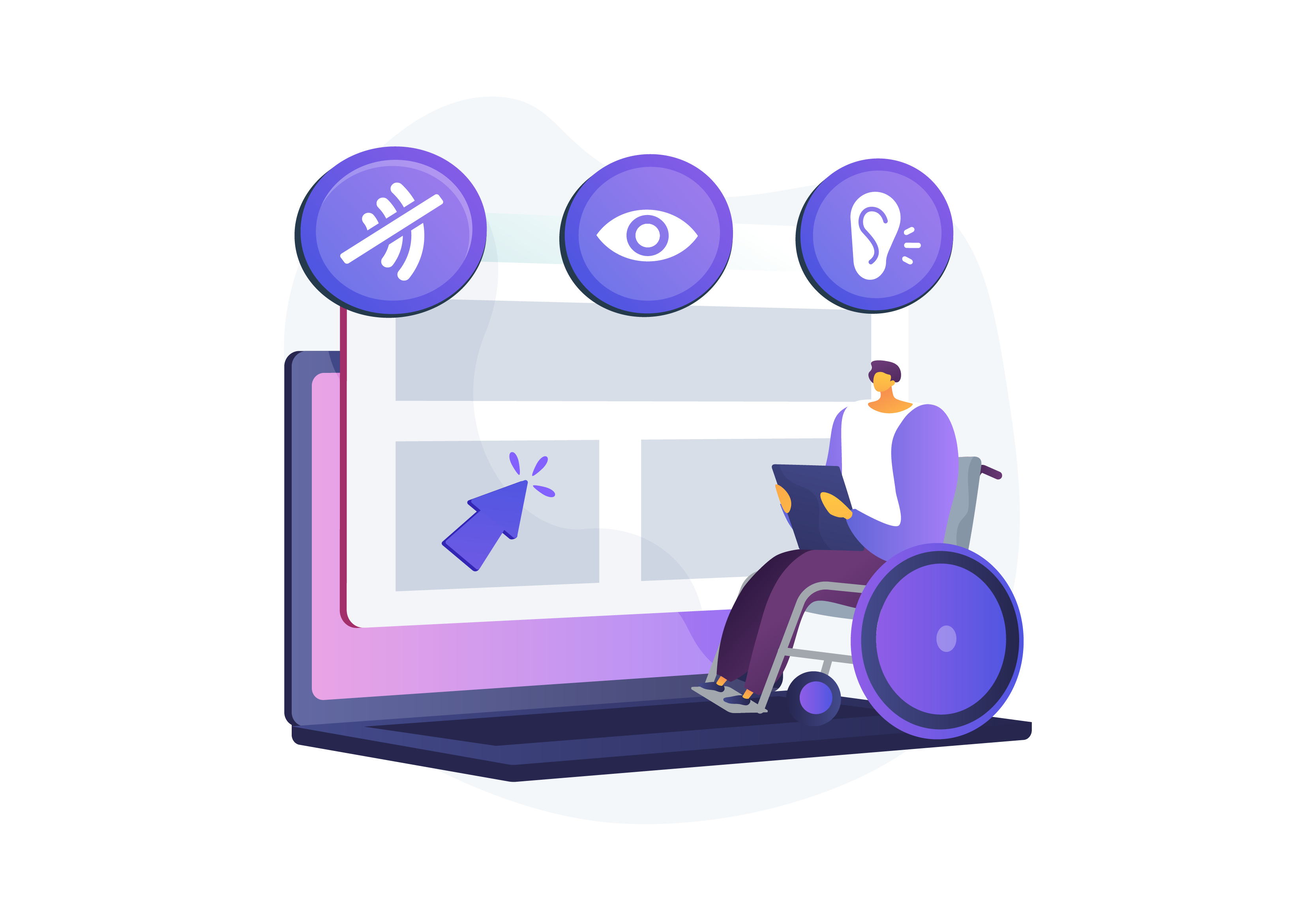 An infographic showing a wheelchair-bound person with a handheld device reviewing 508-compliant remediated documents in augmented reality visual