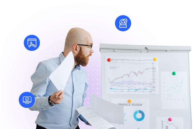 An executive analyzing financial charts on a display board
